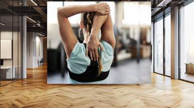 Woman, arms and stretching for gym exercise or mobility health or flexibility, performance or athlete. Female person, back and physical activity for training workout or fitness, challenge or strength Wall mural