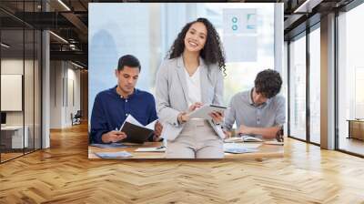 Woman, board room and smile with tablet for research or teamwork and collaboration. Portrait, diversity and happy with people or candidates for assessment, job and interview with manager or boss Wall mural