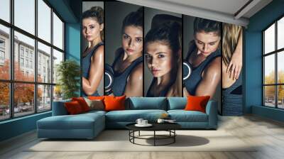 Woman, collage and dumbbell in studio for exercise, weightlifting and muscle growth by background. Person, model and bodybuilder in portrait with power, workout and development for fitness in Italy Wall mural