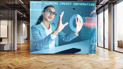 Woman, computer and hologram with coding, charts and programming to stop scam with toxic symbol in night. Person, graph and futuristic warning for trojan horse, financial crime and credit card fraud Wall mural