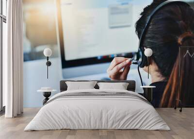 Woman, headset and call center in office, crm and customer service for conversation and online support. Computer, telemarketing and consultant for career, operator and female person for hotline agent Wall mural