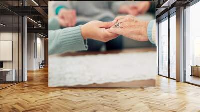 Woman, holding hands and support group for elderly care or trust for unity, community or social gathering at home. Closeup of women touching hand in teamwork activity, understanding or collaboration Wall mural