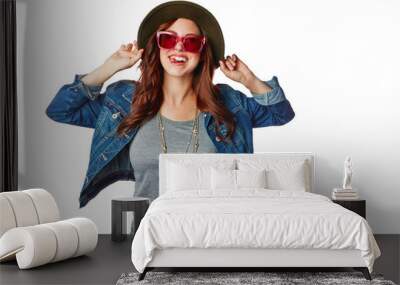 Woman, portrait and fashion sunglasses or tongue, hat or denim jacket on an isolated and transparent png background. Smile, happy or gen z model in trendy, cool or hipster brand clothing Wall mural