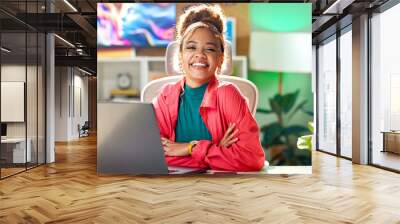 Woman, portrait and laptop in modern office with smile, happiness and joy as social media manager. Female person, technology and cheerful as employee in digital agency for brand, design and project Wall mural