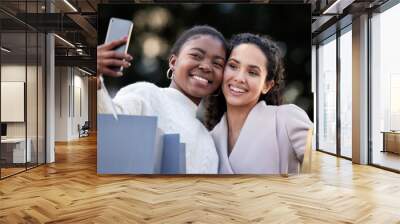 Woman, shopping and smile selfie in city, online sales and friends laughing or happy for retail deal. Discount, technology and down town, blog and social media post on internet app with consumer Wall mural