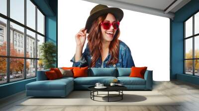 Woman, smile and hat with glasses in fashion with style for summer on an isolated and transparent png background. Happy female smiling in happiness for stylish sunglasses or clothing Wall mural