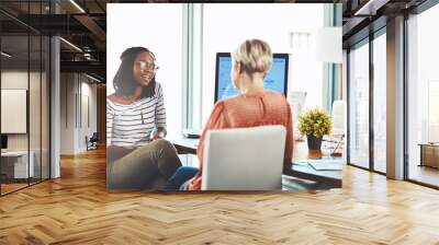 Women, employees and happy office on meeting for planning, teamwork and collaboration as videographer. Business, people and smile with discussion or coworking for video editing and content creation Wall mural