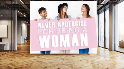 Women, sign and board for feminism in studio, female rights and opinion on white background. Billboard, united people and words for awareness in solidarity, message and letters for gender equality Wall mural