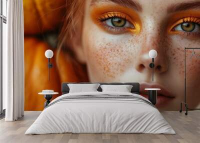 A woman with green eyes and orange makeup Wall mural