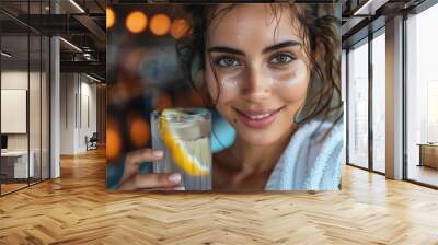 happy latina woman in sportswear, white towel, holding healthy drink after gym Wall mural