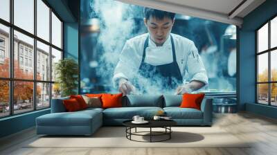 Male asian chef preparing gourmet meal, professional kitchen setting Wall mural