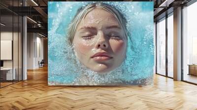 Relax blonde woman bathing in blue water with her eyes closed  Wall mural