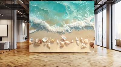 Serene beach scene with turquoise waves and scattered seashells on sand  Wall mural