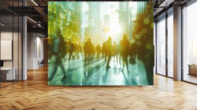 Sustainability in business center concept, business people crowd walking at corporate office in green city downtown, Abstract motion blur image, blurred background Wall mural