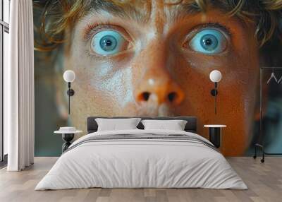 A person with a shocked expression, eyes wide and mouth agape, reacting to surprising news or a sudden event. Wall mural