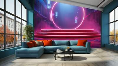 Modern black podium with neon accents, set against a dark, urban backdrop. Wall mural