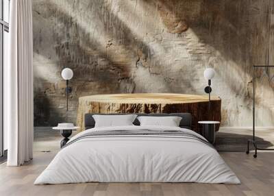 Rustic wooden pedestal with a rough finish, spotlighted in a natural setting. Wall mural