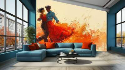 A couple dancing salsa, moving gracefully with synchronized steps and joyful expressions of rhythm against a plain white background. Wall mural