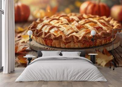 Warm autumn pie on a rustic table Wall mural