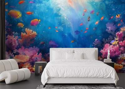 Watercolor abstract coral reef with diverse marine life. Wall mural