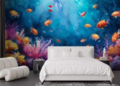 Watercolor abstract vibrant coral reef with fish. Wall mural