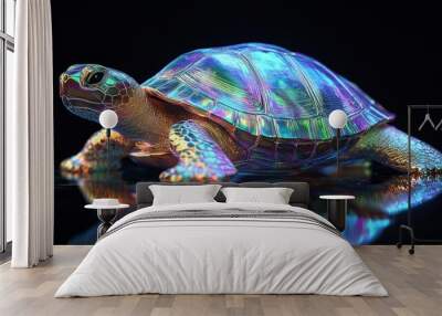 3D animation of a turtle with an iridescent neon shell on a black background Wall mural