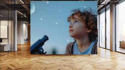 A child with a fascinated expression, observing a telescope aimed at the night sky with twinkling stars and a crescent moon against a plain white background. 4K hyperrealistic photo. Wall mural