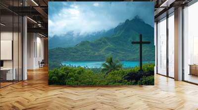 A cross sits on top of a church at the base of Mount Otemanu on the island of Bora Bora. The religious symbol represents faith. Wall mural