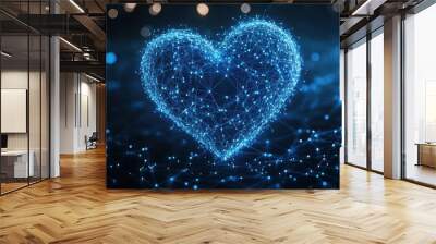 A glowing blue heart shape made of lines and nodes on a dark background, symbolizing tech and health innovation Wall mural