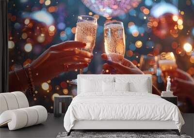 A group of friends toasting with sparkling drinks under a disco ball (realistic) Wall mural