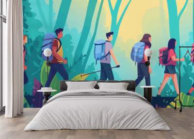 A group of people are walking through a forest with backpacks. Vector icon Wall mural