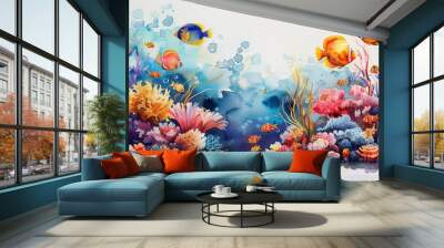 A painting of a coral reef with a variety of fish swimming around Wall mural