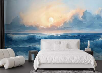 A painting of the ocean with a sun in the sky Wall mural