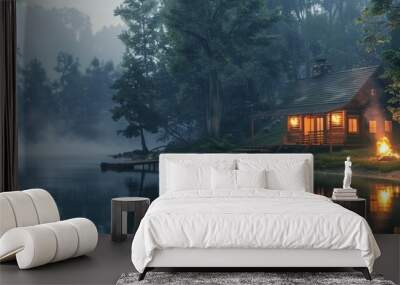 A tranquil lakeside cabin with a campfire. Realistic. Wall mural