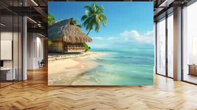 A tropical beach with a thatched roof hut Wall mural