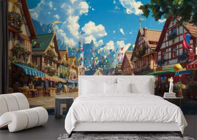 A vibrant Oktoberfest festival market with stalls and colorful banners. Wall mural