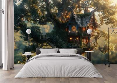 A whimsical treehouse nestled in the branches of a giant tree. Realistic. Wall mural