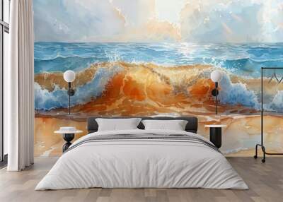 Abstract ocean waves with sunlight reflections in watercolor. Wall mural