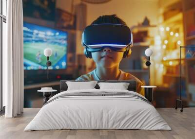 An Asian boy enjoys metaverse gaming with a wearable VR headset in the living room at home playing online sport games, home technology young teen using virtual reality Wall mural