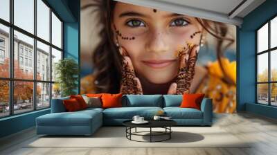 Close-up of a young Indian girl with henna designs Wall mural