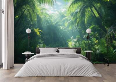 dense jungle with many tall trees and green plants Wall mural