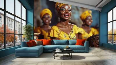 Drums and singing are being played in the background by a group of black women. Wall mural