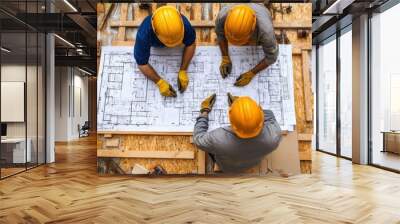 engineer and an architect reviewing blueprints and construction plans together at a bustling construction site Wall mural