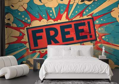 FREE banner icon. Comic book style image with a red and blue explosion Wall mural