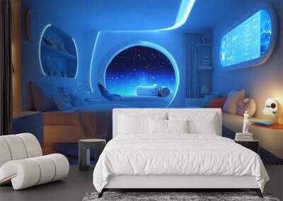 Futuristic childrens room interactive smart walls customizable lighting and digital learning tools integrated into the decor Wall mural