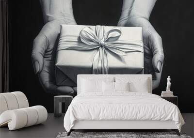 Hands presenting a beautifully wrapped gift box. Generative AI image Wall mural