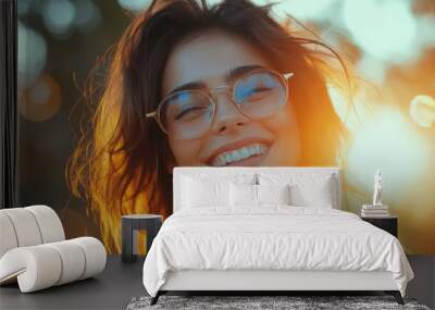 Happy satisfied woman wearing glasses portrait outside created with Generative AI technology Wall mural