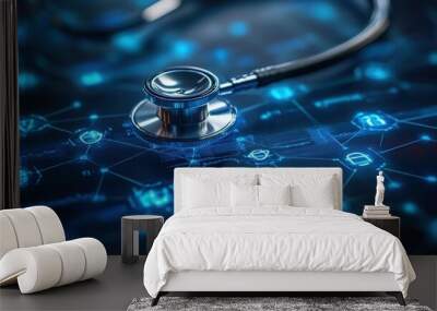 Healthcare business growth graph with global health network connection service on virtual screen. Medical technology and tourism telemedicine virtual hospital healthcare and medicine background Wall mural