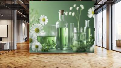 In the cosmetic laboratory abstract concepts intertwine with laboratory research focusing on natural cosmetic chemistry against a backdrop of green. Wall mural