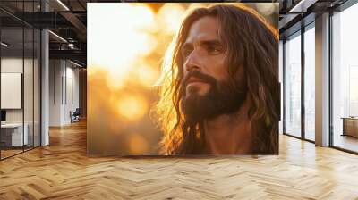 Jesus Christ with long hair and beard stands under soft light outdoors Wall mural